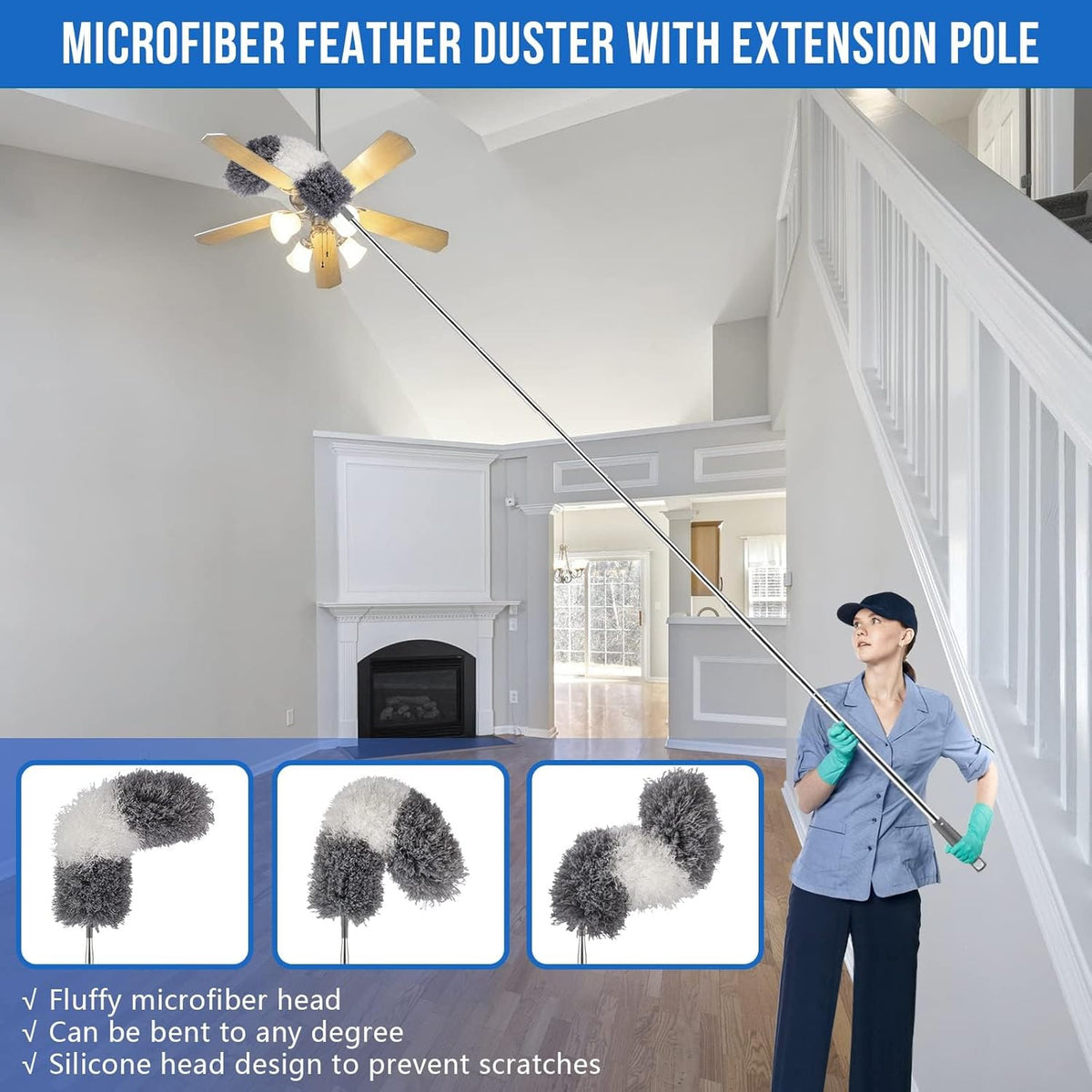 Microfiber Feather Duster 5-in-1 Kit for Dusting and Cleaning – 30–100" Extension Pole, Anti-Slip