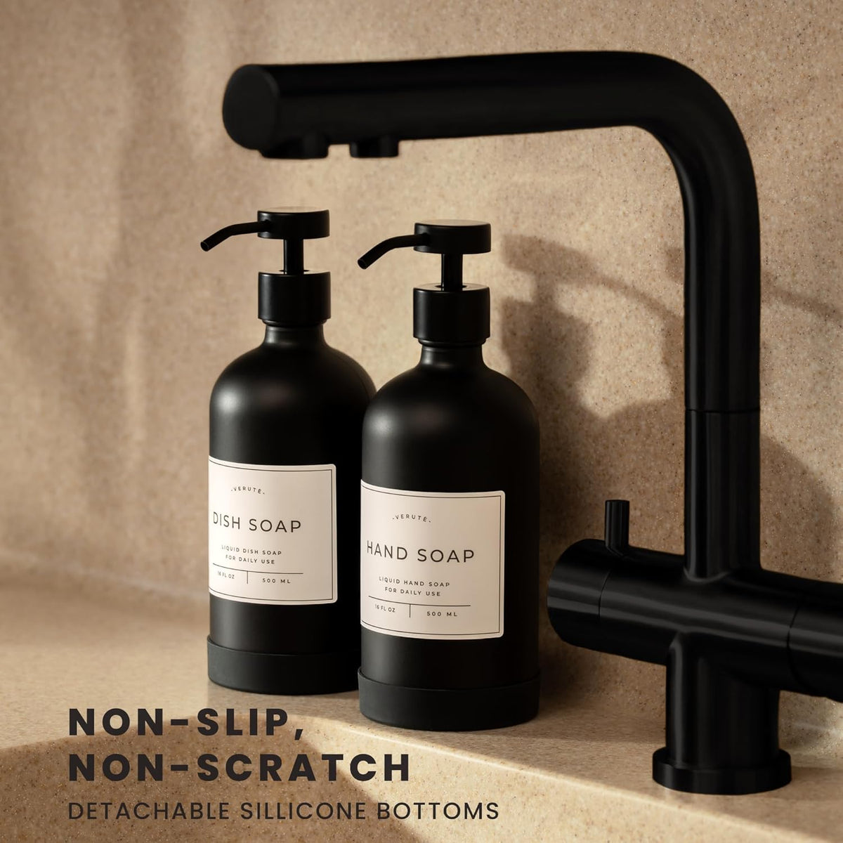 16oz Glass Soap Dispenser with Stainless Steel Pump, 21 Waterproof Labels, Non-Slip Protective