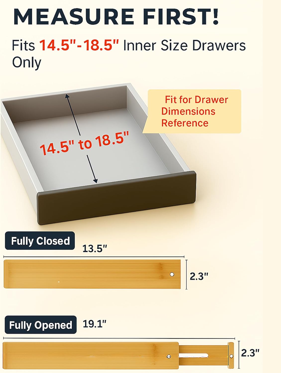 4 Pcs Bamboo Kitchen Drawer Dividers Large 14"-19", Spring Loaded, Works in Kitchen, Adjustable