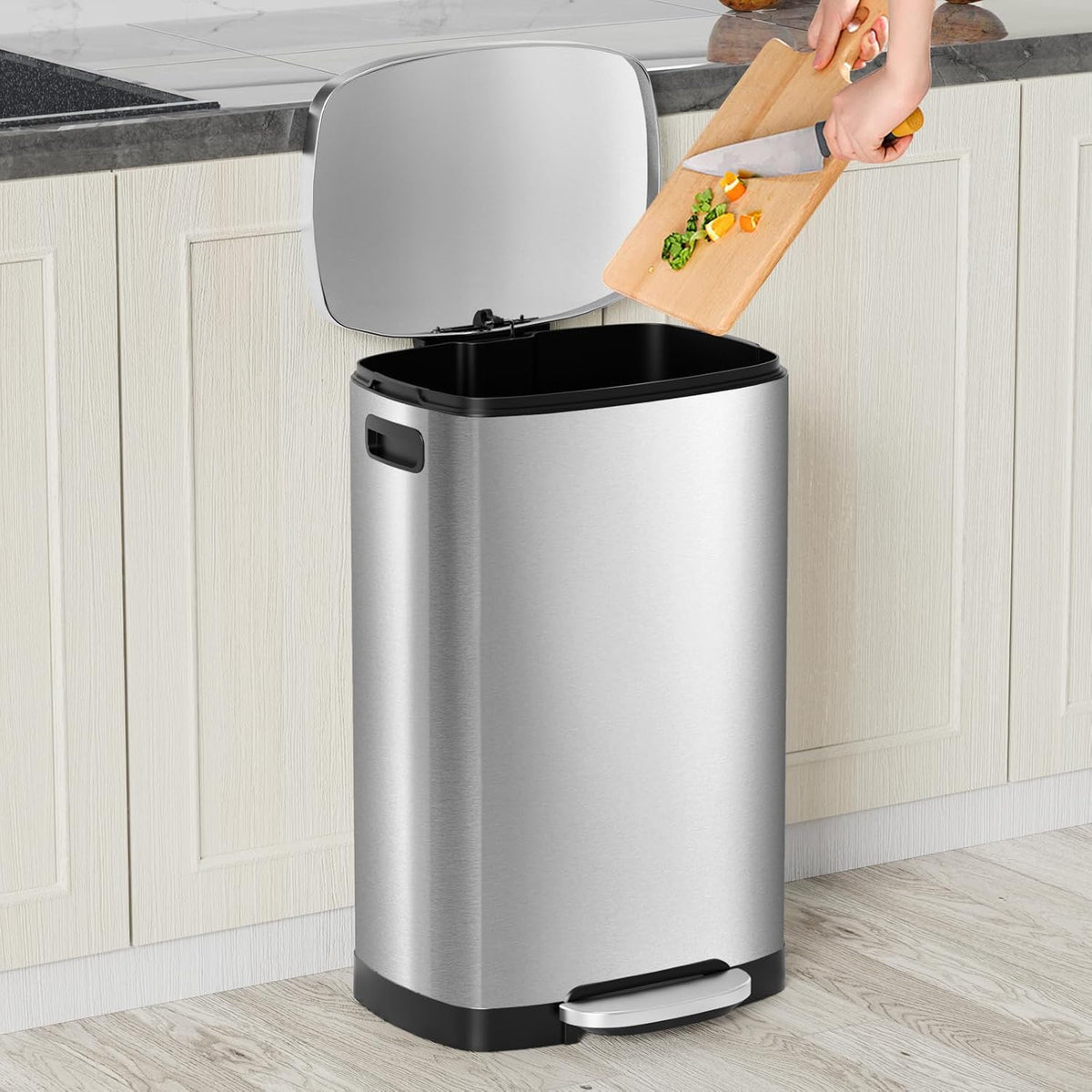 13 Gallon Trash Can with Lid, 50L Fingerprint Proof Stainless Steel Kitchen Trash Can with