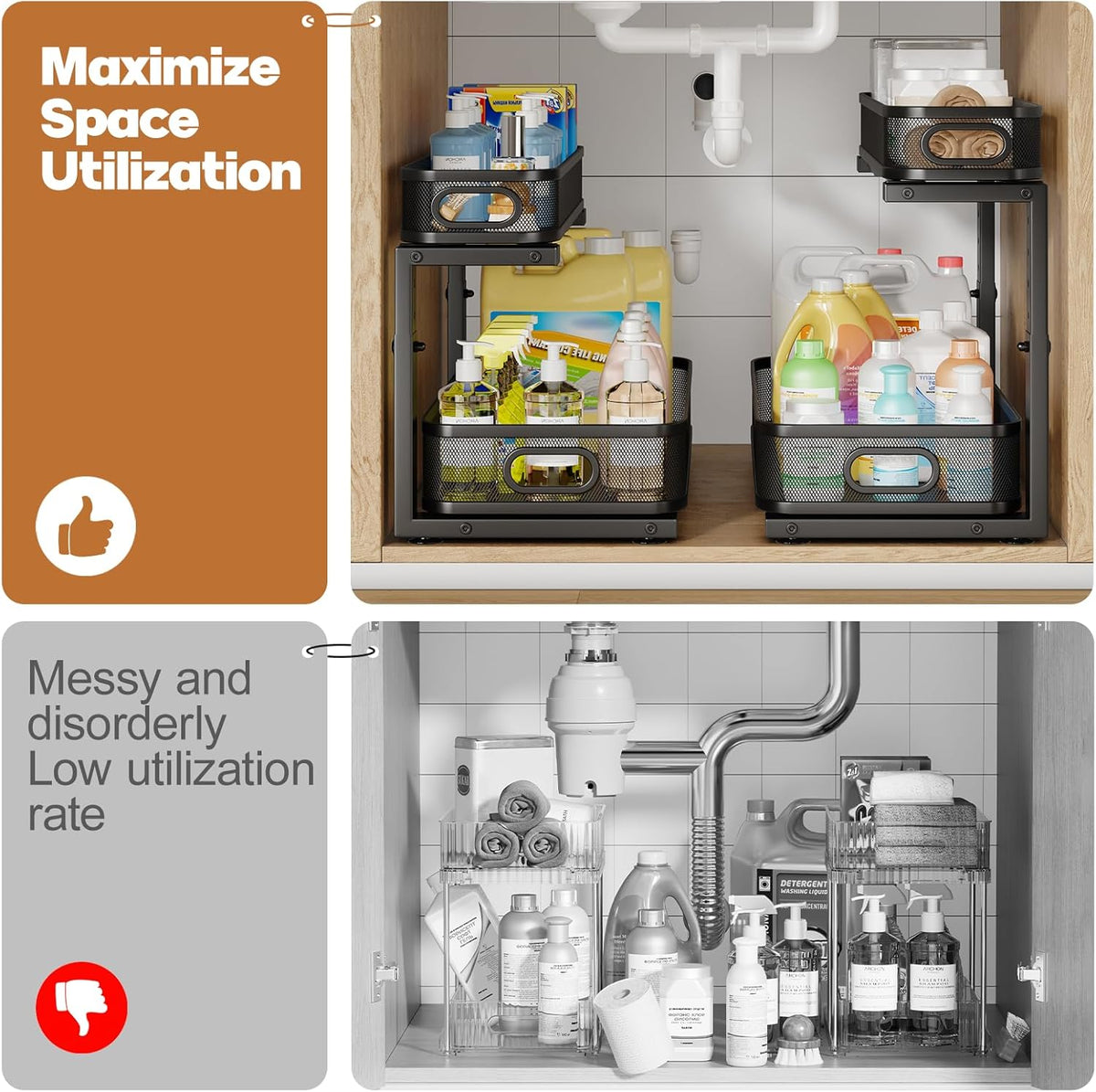 2 Pack 19.3IN-Depth Under Sink Organizer with Smooth Cylindrical Rail,2-Tier Pull Out Multi-Purpose