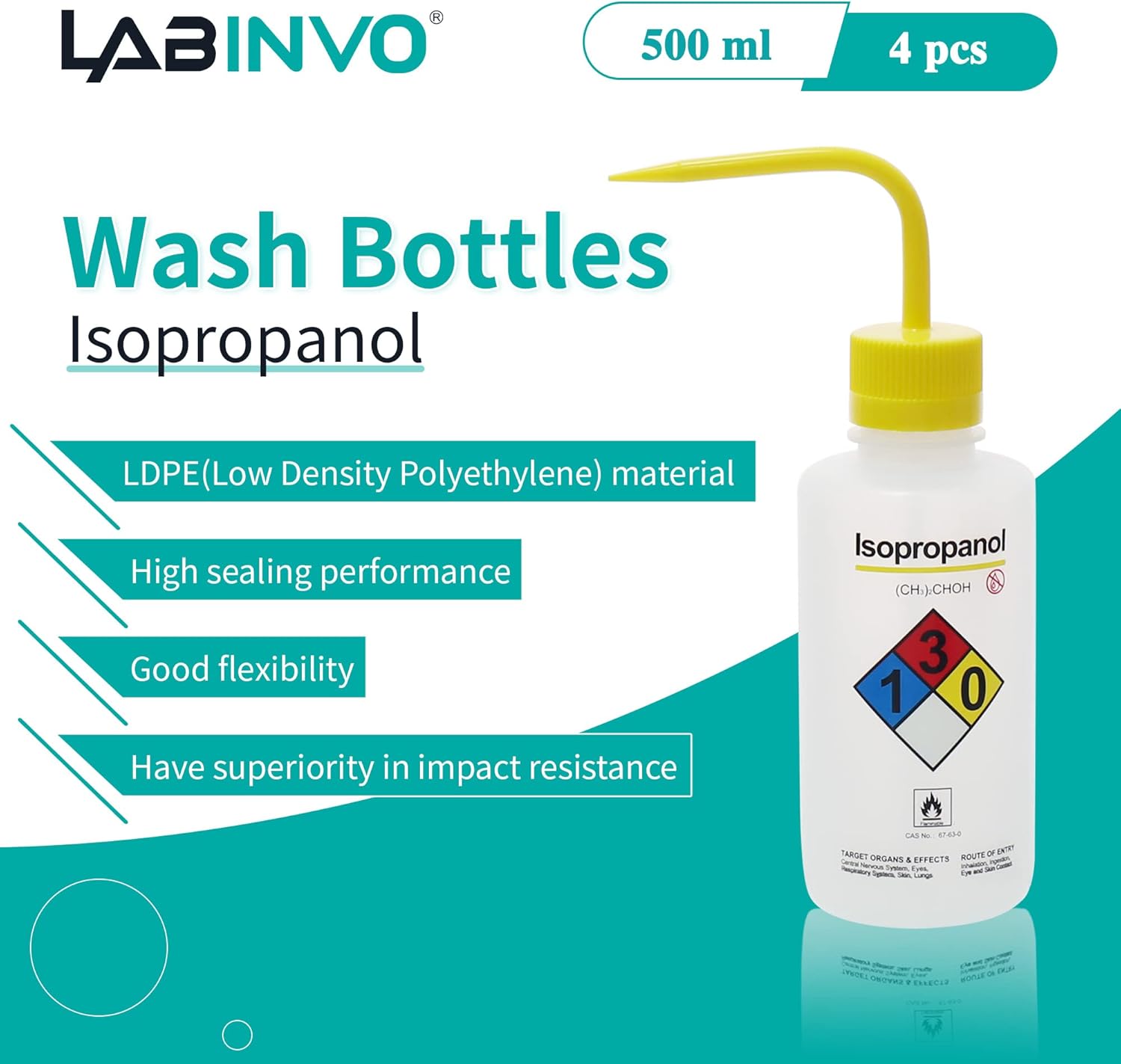 4pcs of Isopropanol Wash Bottles, Vol.500ml (17oz), Narrow Mouth, Self-Venting Safety Wash Bottles
