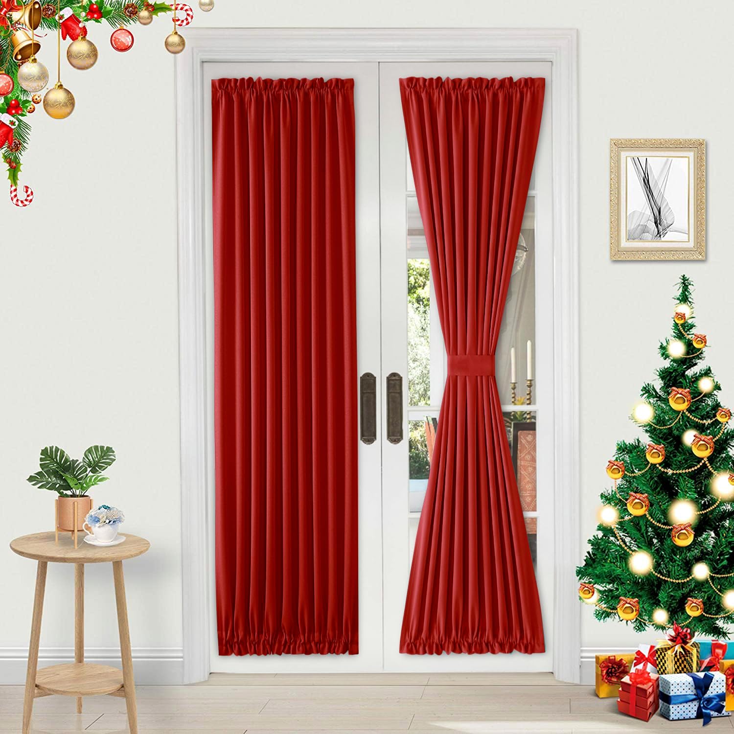 DWCN French Door Curtain - Rod Pocket Thermal Blackout Panel for Glass Window, Christmas, Kitchen