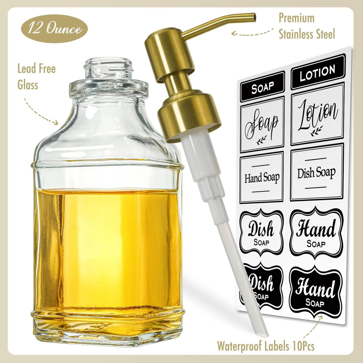 JASAI Antique Square Glass Soap Dispenser with Golden Rust Proof Pump, Refillable soap Dispenser