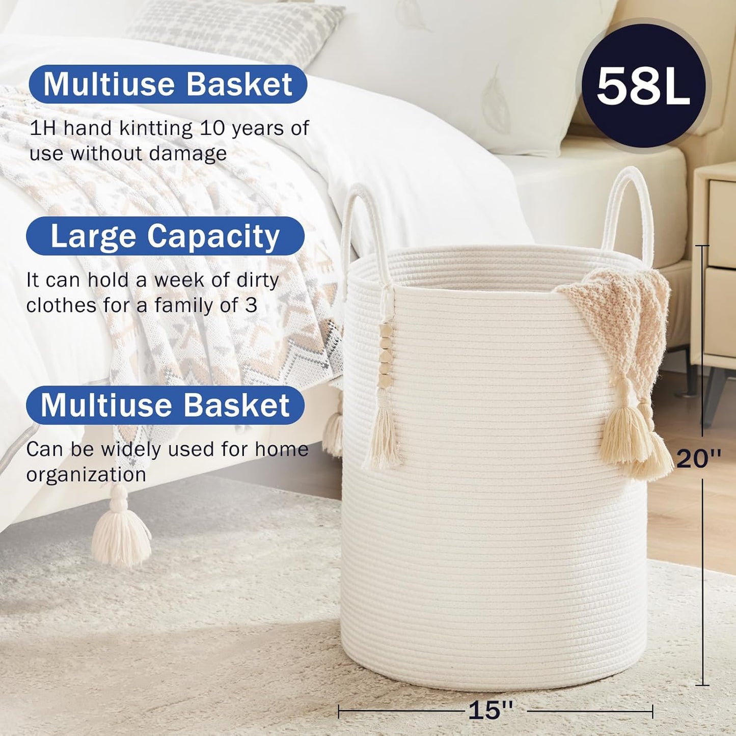 Fiona's magic Woven Rope Laundry Hamper, Tall Laundry Basket for Blanket Storage, Large Dirty