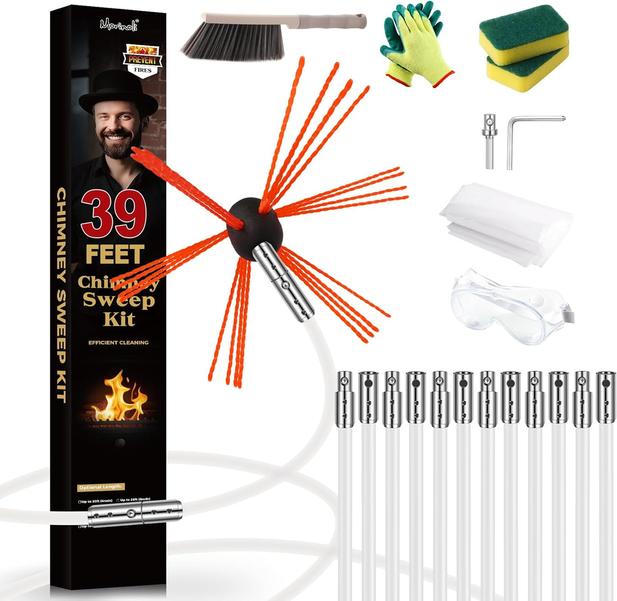 39 Feet Chimney Sweep Kit, Chrome Button Locking System, Chimney Cleaning Kit, Chimney Brush