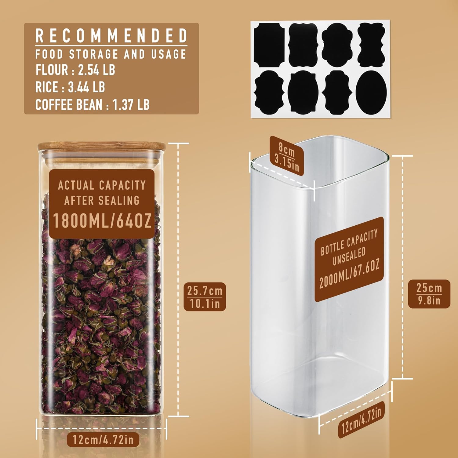 64oz Rectangle Airtight Glass Storage Containers with Bamboo Lids (Set of 3), Square Food Storage
