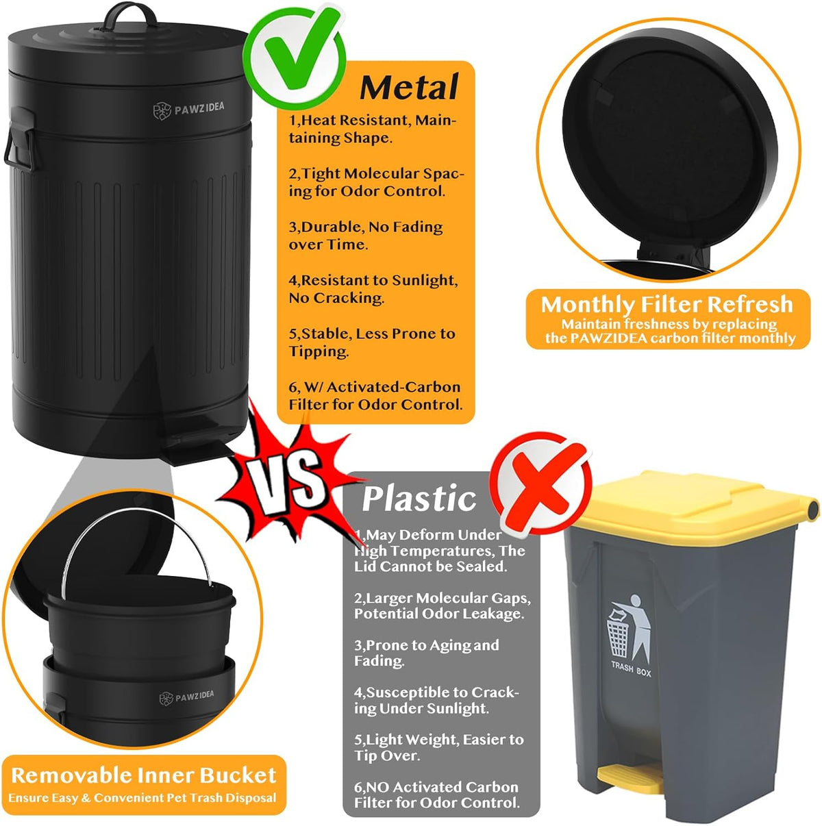 PAWZIDEA Dog Poop Trash Can Outside Odor Control, 3.1 Gallon Outdoor Trash Can with Lid, Waterproof