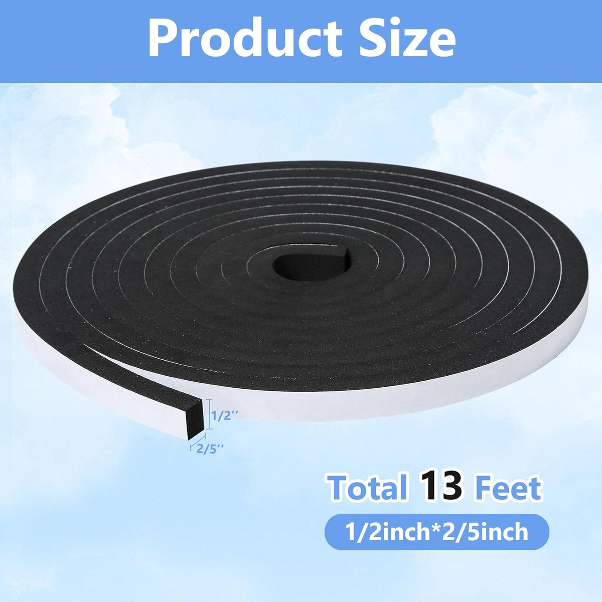 Weather Stripping Door Seal Strip- 1/2 Inch X 2/5 Inch X 13Feet, Strong Adhesive, Lightproof