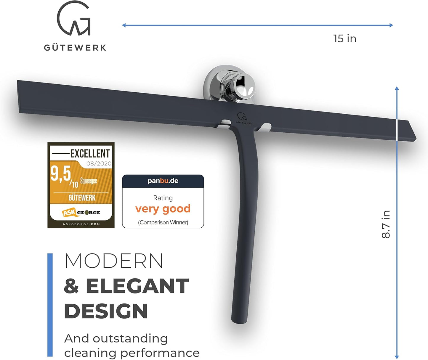 GÜTEWERK Shower Squeegee for Glass Doors, Silicone Window Squeegee, Bathroom and Glass Cleaning