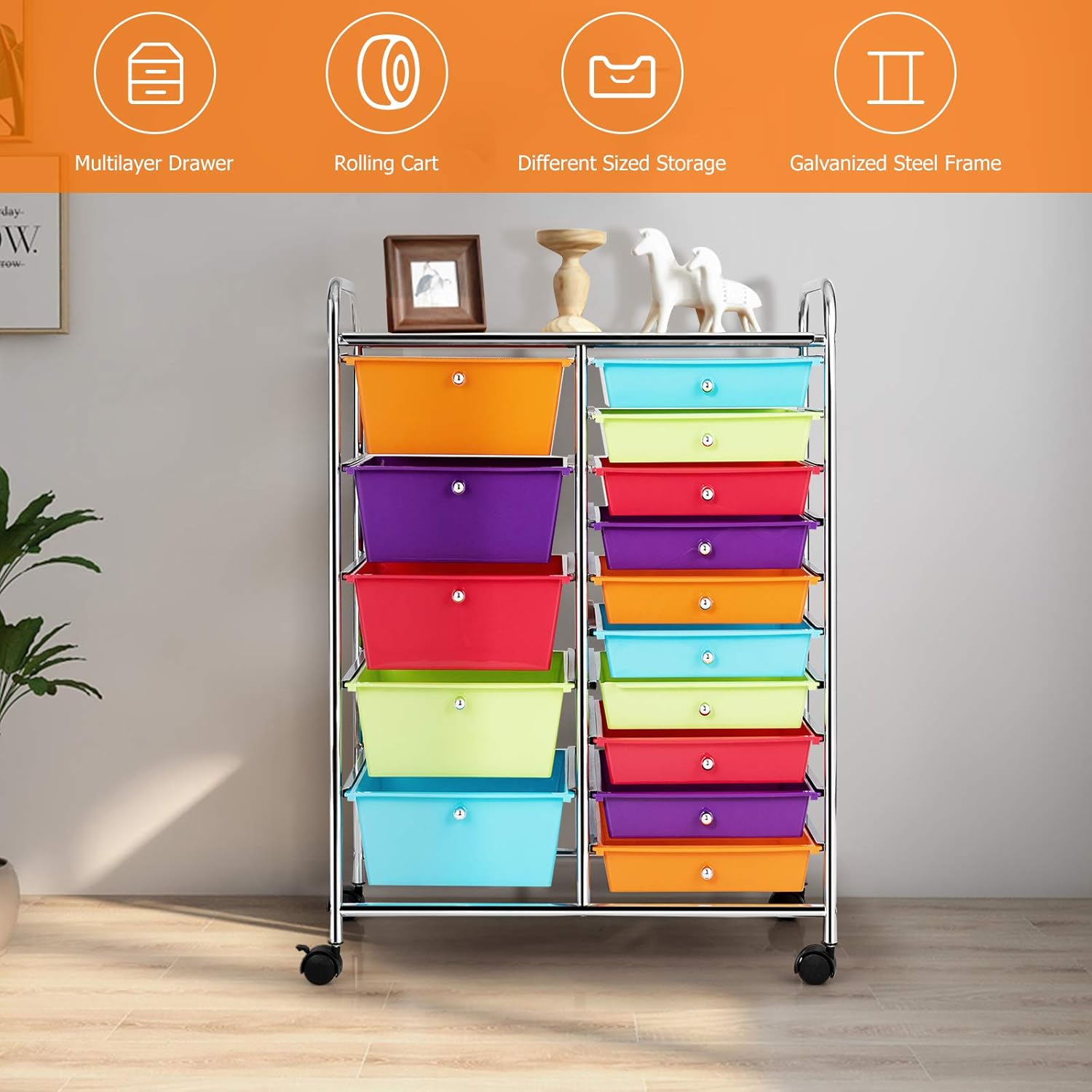 GOFLAME 15-Drawer Rolling Storage Cart, Multipurpose Movable Organizer, Utility Cart for Home