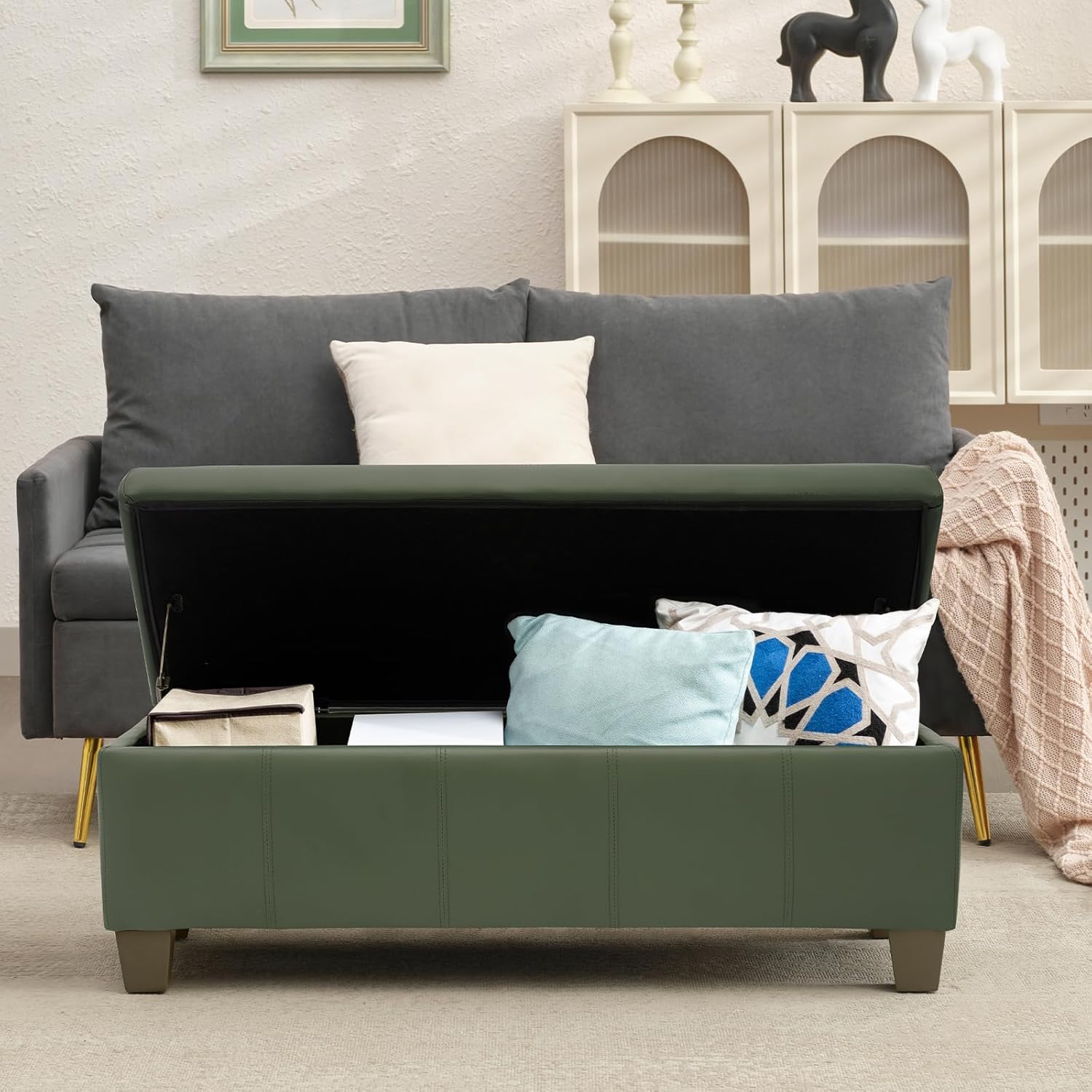 Teal Faux Leather Ottoman with Storage, Rectangular Extra Long Storage Bench for Bedroom and Living