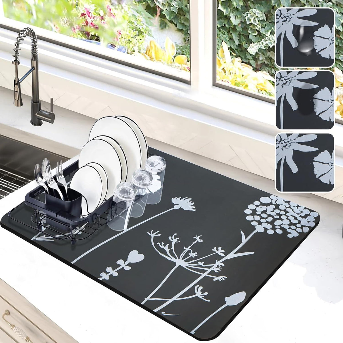 Dish Drying Mat for Kitchen Counter, 12"x19"Dish Drying Pad with Non-slip Rubber Backed, Hide Stain