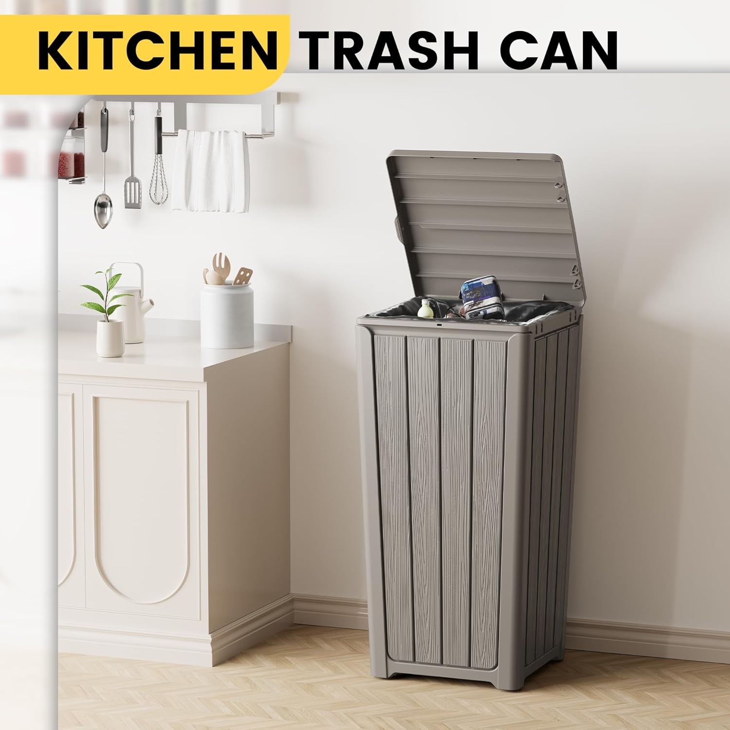 Outdoor Trash Can with Lid, Waterproof Resin Garbage Can with Tiered Lid, Outside Trash Bin for