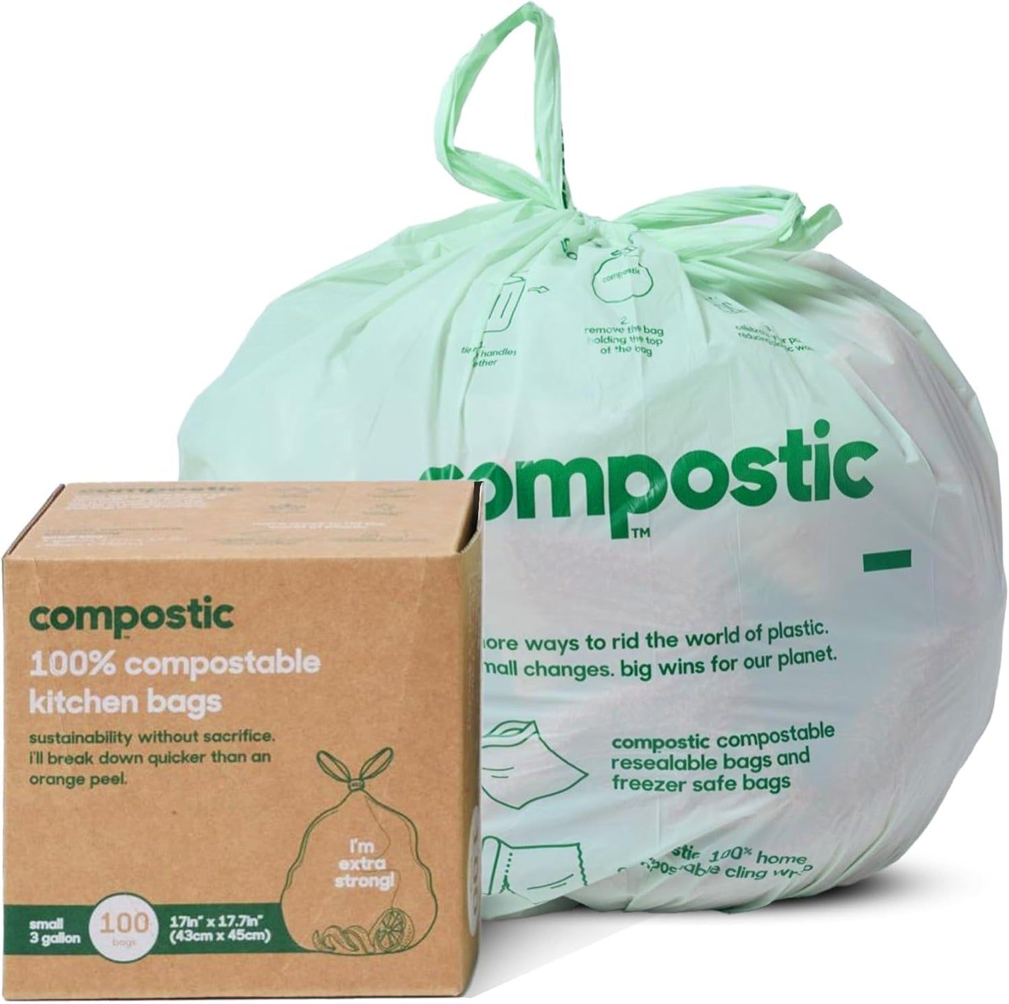 Compostic Home Compostable Trash Bags, 3 Gallon Small Kitchen Rubbish Bags (17” x 17.7”), Extra