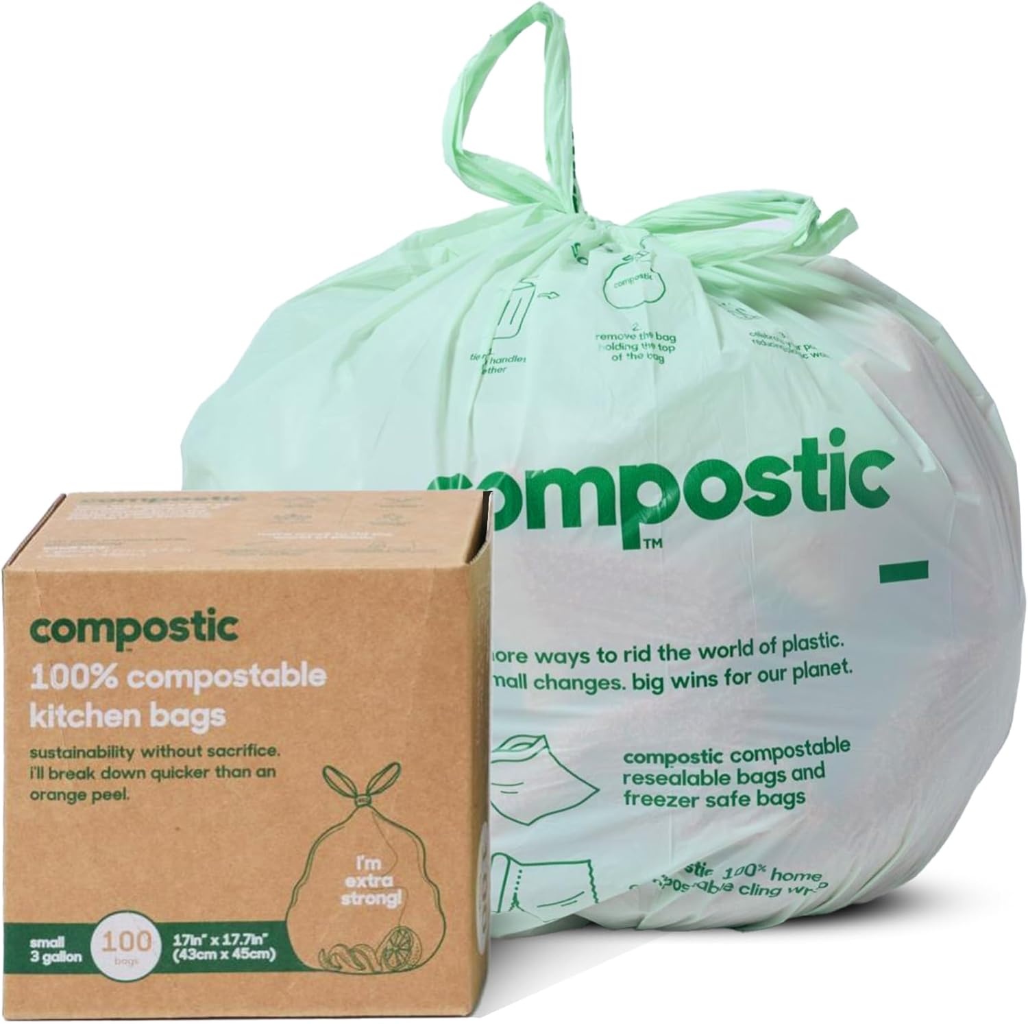 Compostic Home Compostable Trash Bags, 3 Gallon Small Kitchen Rubbish Bags (17” x 17.7”), Extra