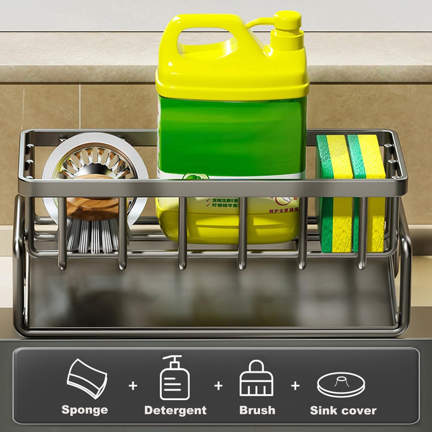 Sponge Holder for Kitchen Sink, Sink Caddy with Dishcloth Rack, Kitchen Sink Storage Rack Organizer