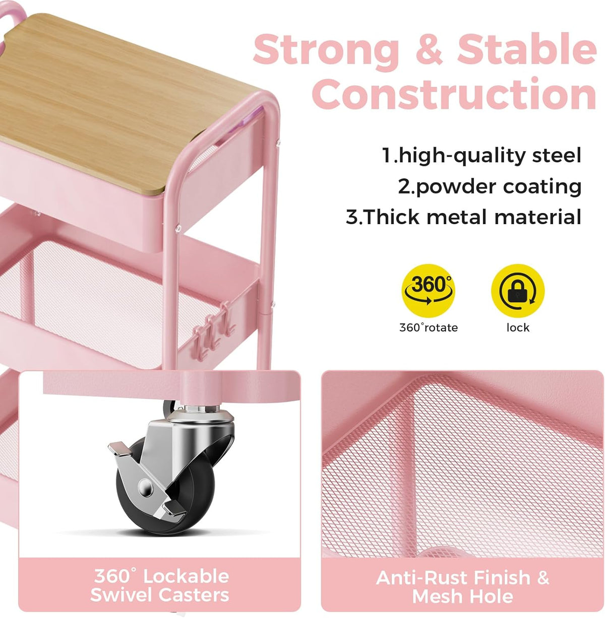 3 Tier Rolling Cart with Table top, Metal Rolling Utility Cart, Sturdy Storage Organizer Cart with