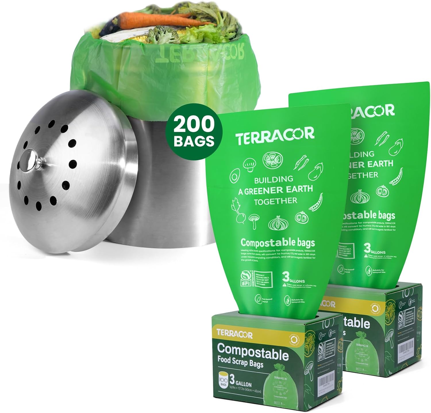 3 Gallon Compostable Trash Bags, Compost Bags for Countertop Bin, 200 Count (Pack of 2) BPI