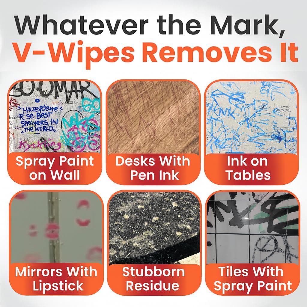 V-Wipes Graffiti Remover Wipes – Pre-Moistened Towels for Paint, Ink & Marker Removal – Non-Toxic