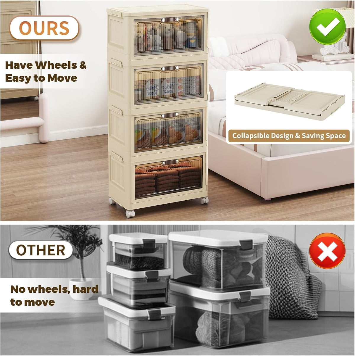 4 Tier - 48QT Storage Bins with Lids, Collapsible Storage Bins with Doors and Wheels, Plastic