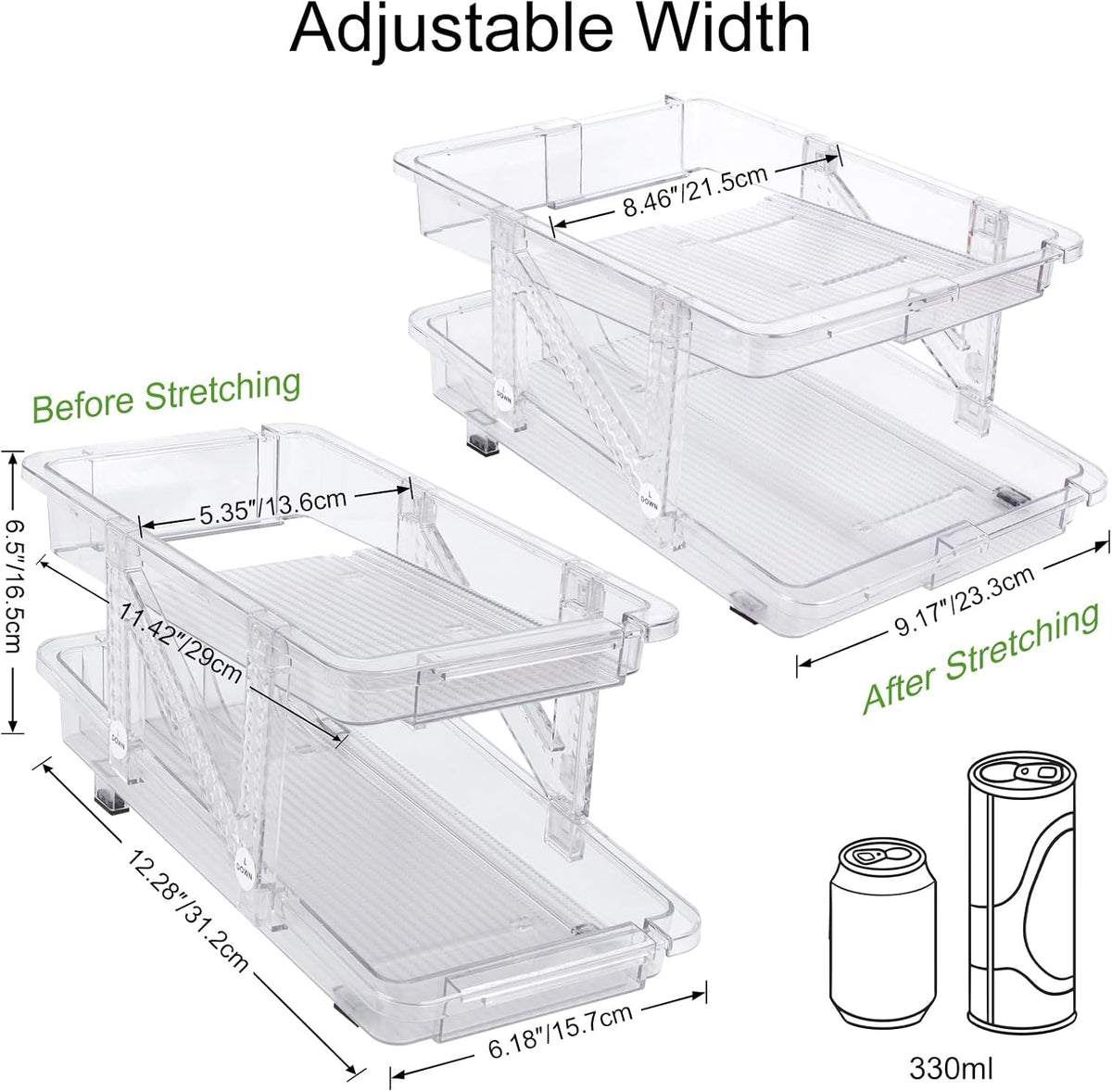 2 Pack Drink Organizer for Refrigerator, Soda Can Dispenser, Adjustable Width Canned Food Pop Cans