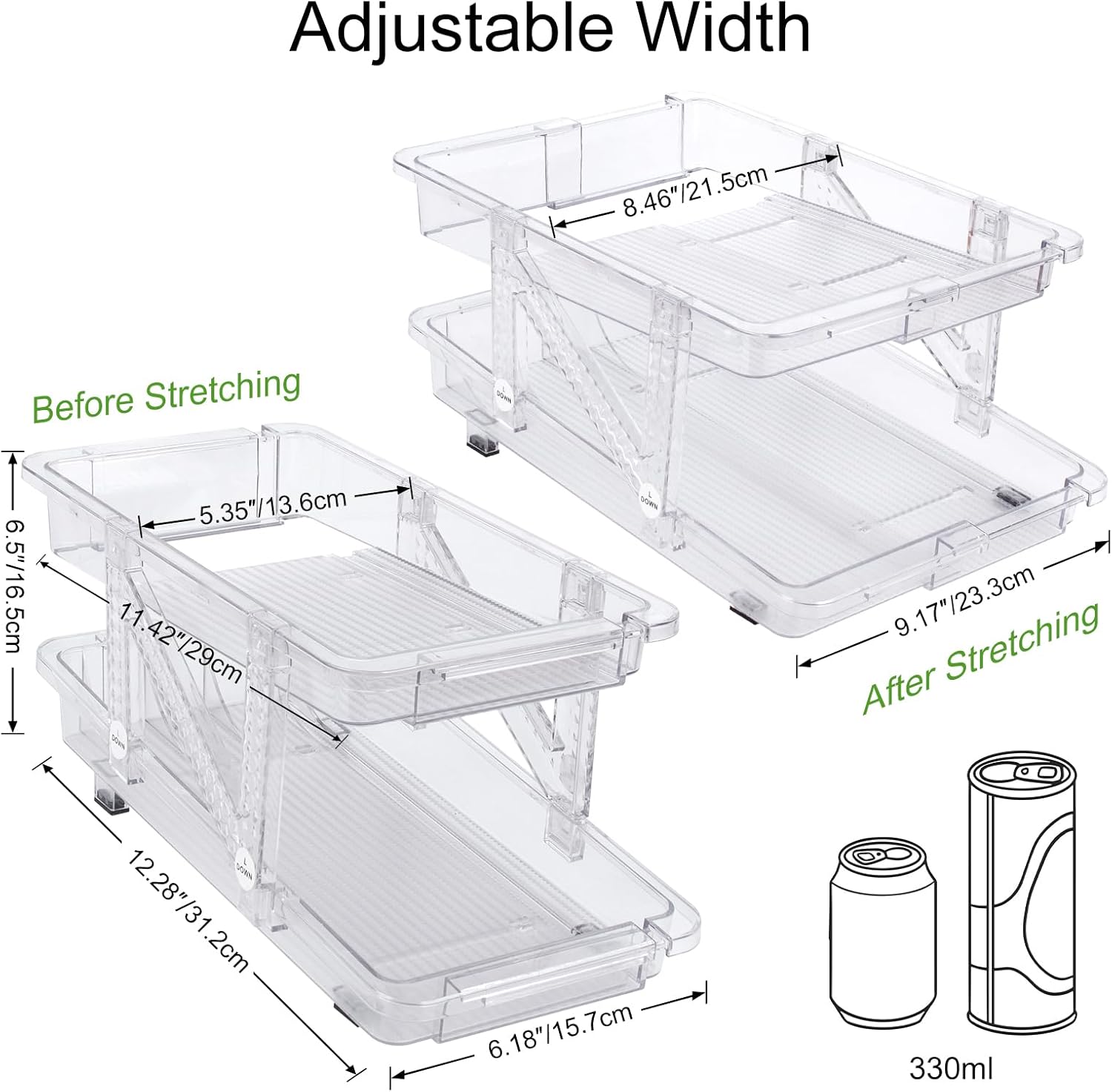2 Pack Drink Organizer for Refrigerator, Soda Can Dispenser, Adjustable Width Canned Food Pop Cans