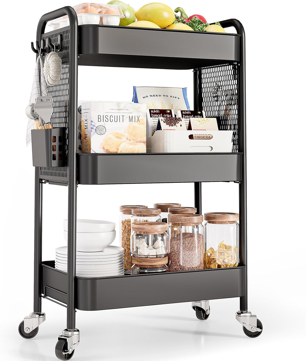 TOOLF 3 Tier Rolling Cart Storage Organizer, Metal Rolling Utility Car with Wheels, Hooks & Bins