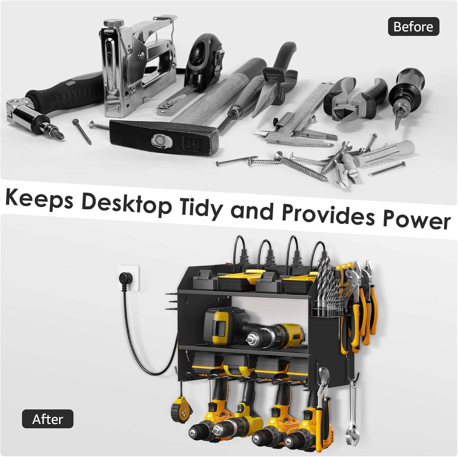CCCEI Modular Power Tool Organizer Wall Mount with Charging Station. Garage 4 Drill Storage Shelf