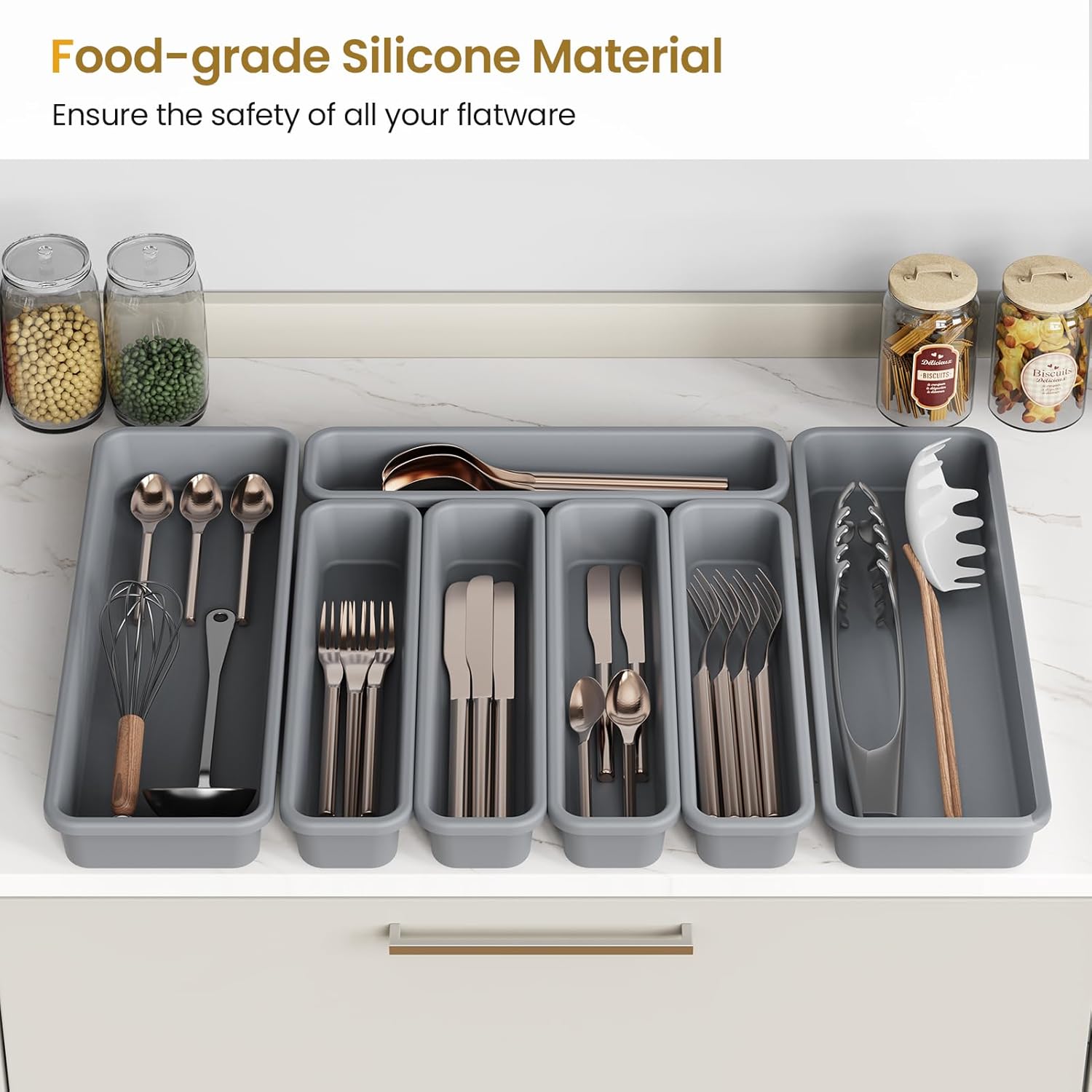 7 Pack Silicone Silverware Drawer Organizer, DIY Free Combination Kitchen Drawer Organizer, Utensil