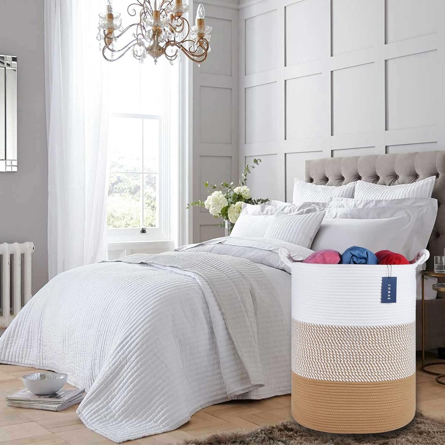 COMSE Extra Large Blanket Basket, Tall Woven Storage Basket, Nursery Hamper, 15.7”x 21.7”, Cotton