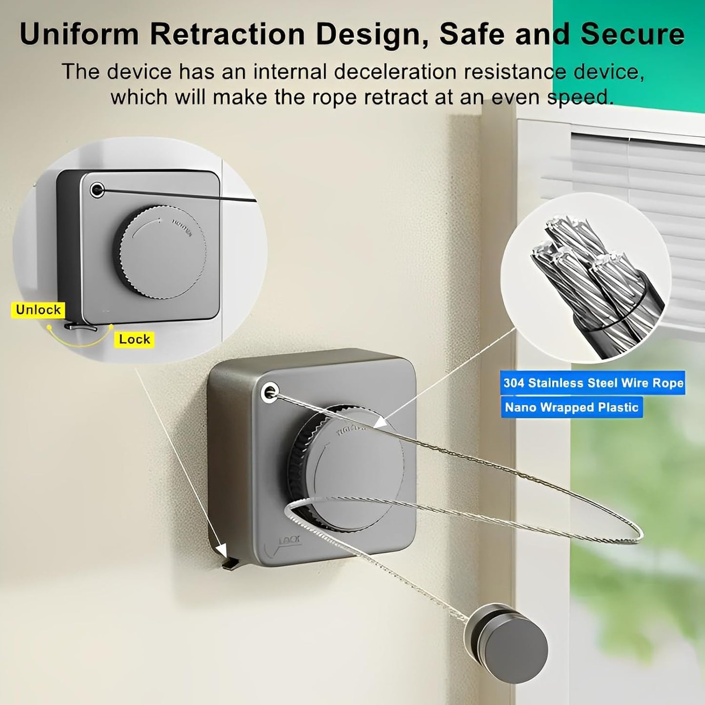 13.8ft(4.2M) Retractable Clothesline, Non-sag Clothesline, Indoor & Outdoor Heavy Duty Retractable