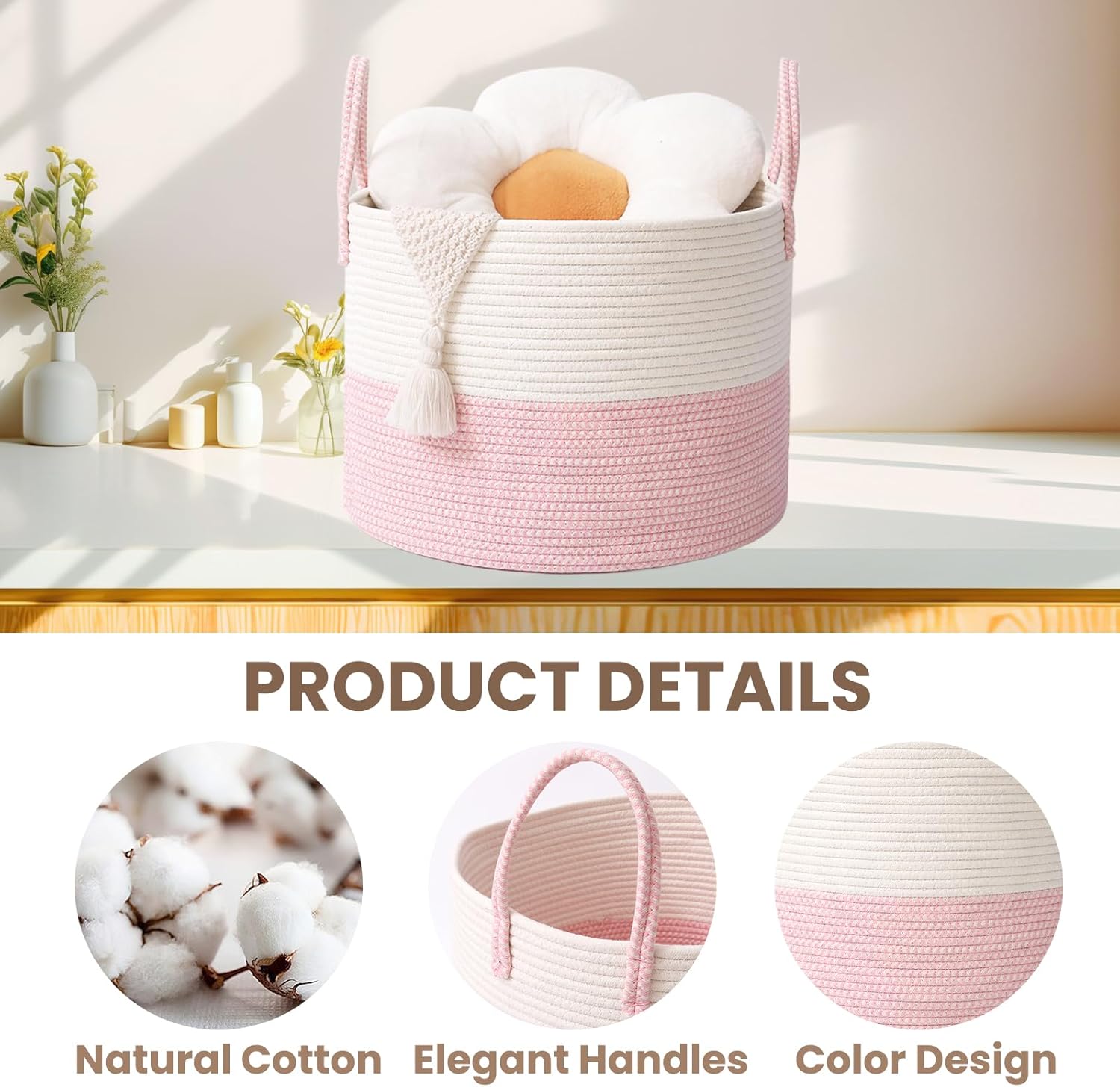 Woven Blanket Basket,65L Large Rope Storage Bin with Handles, Organizer for Blankets Toys Book and