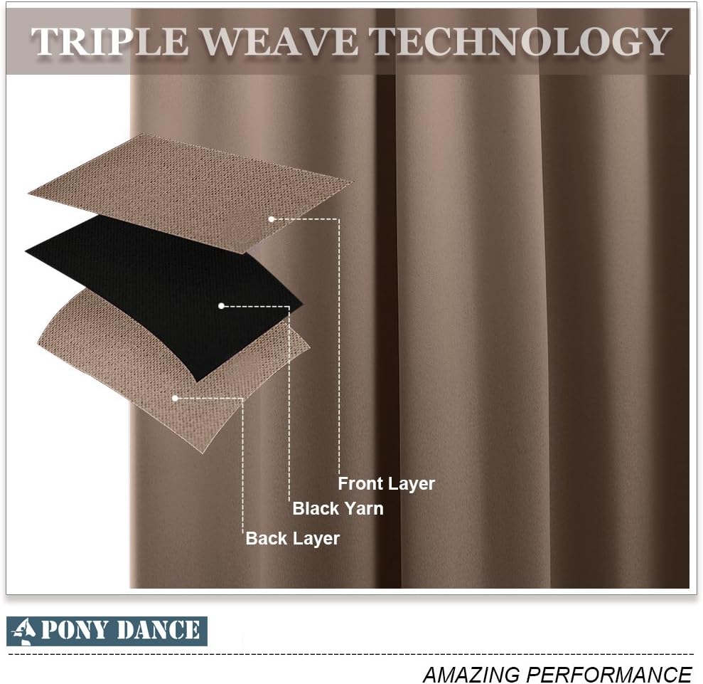 PONY DANCE Blackout Curtains Mocha - Thermal Insulated All Seasons Grommet Top Curtain Drapes