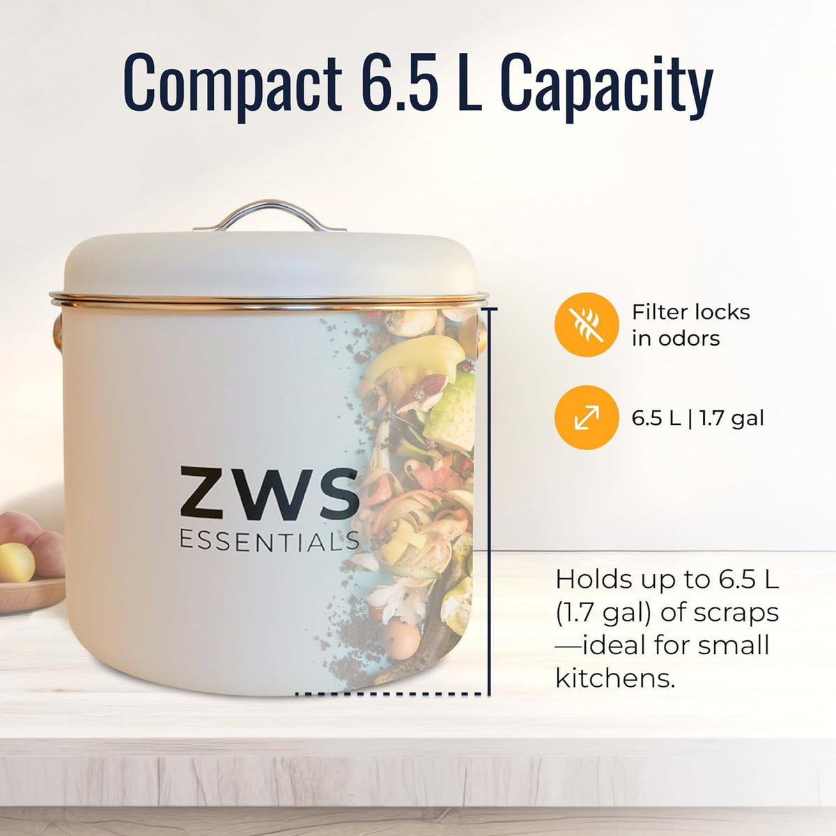 White Stainless Steel Compost Bin | 6.5L Odor-Free Kitchen Countertop Food Scrap Pail with Charcoal