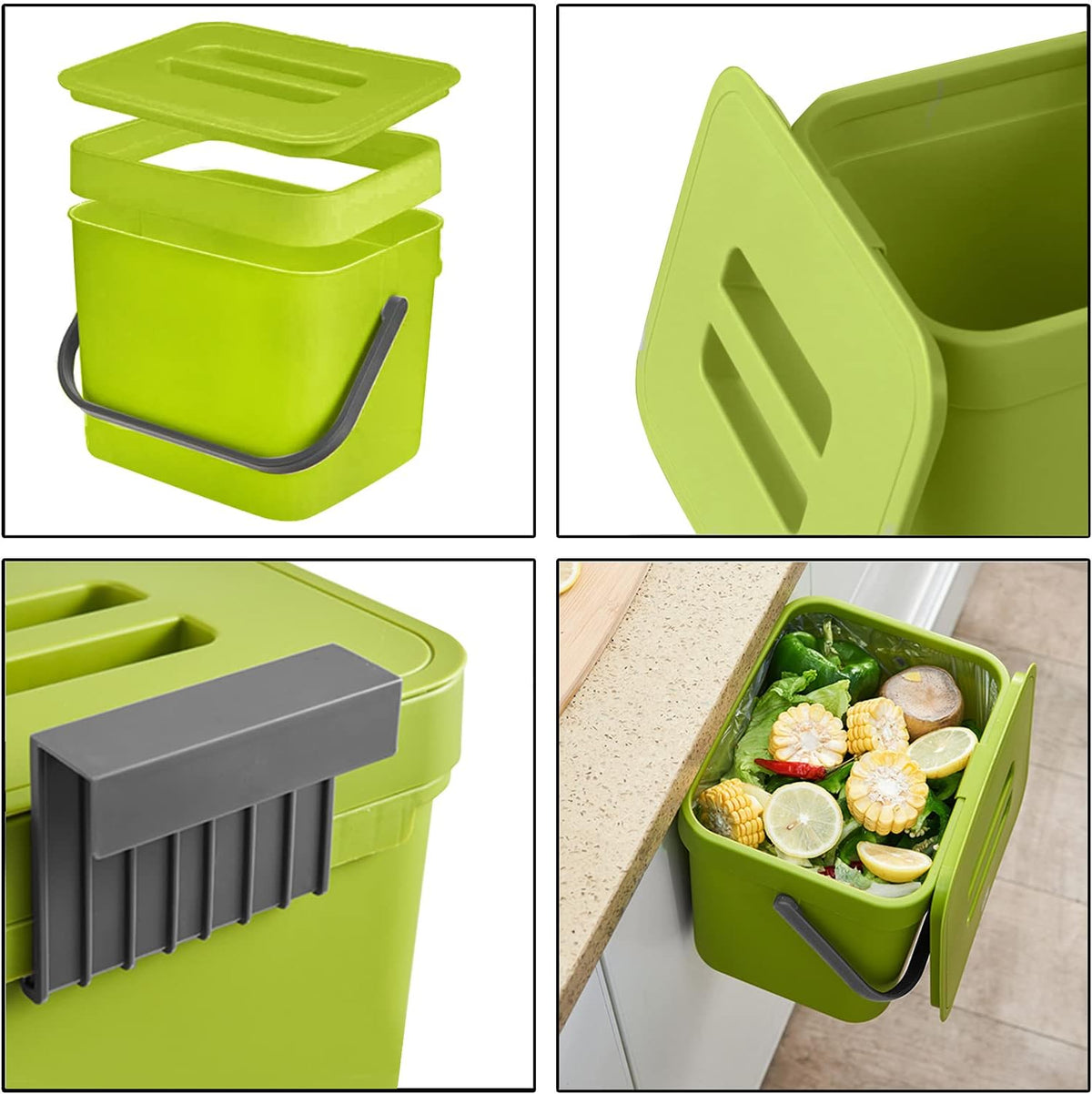 LALASTAR 1.8 Gallon Hanging Trash Can, Green, Plastic, Compost Bin Indoor Kitchen Sealed, Small