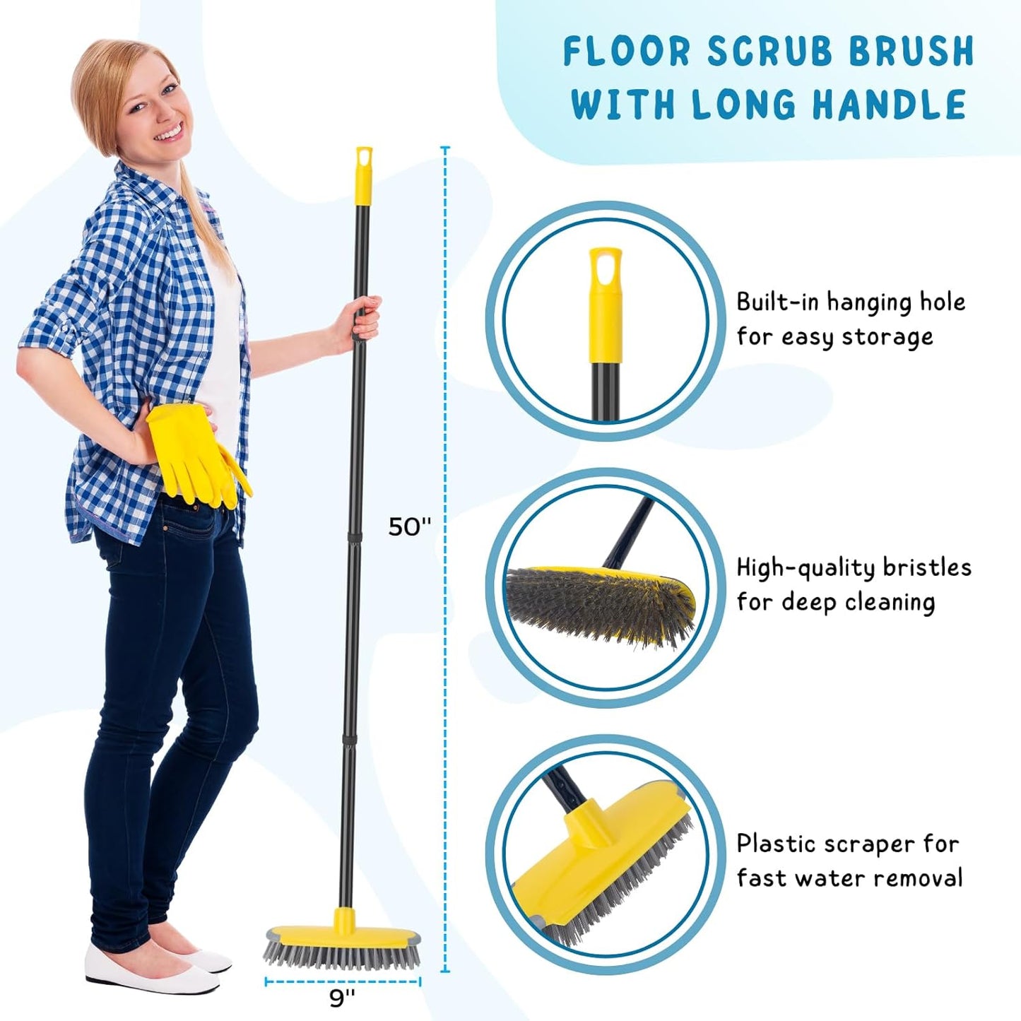 Deck Brush with Long Handle, Floor Scrub Broom for Shower, 50'' Outdoor Scrubber for Carpet, Boat