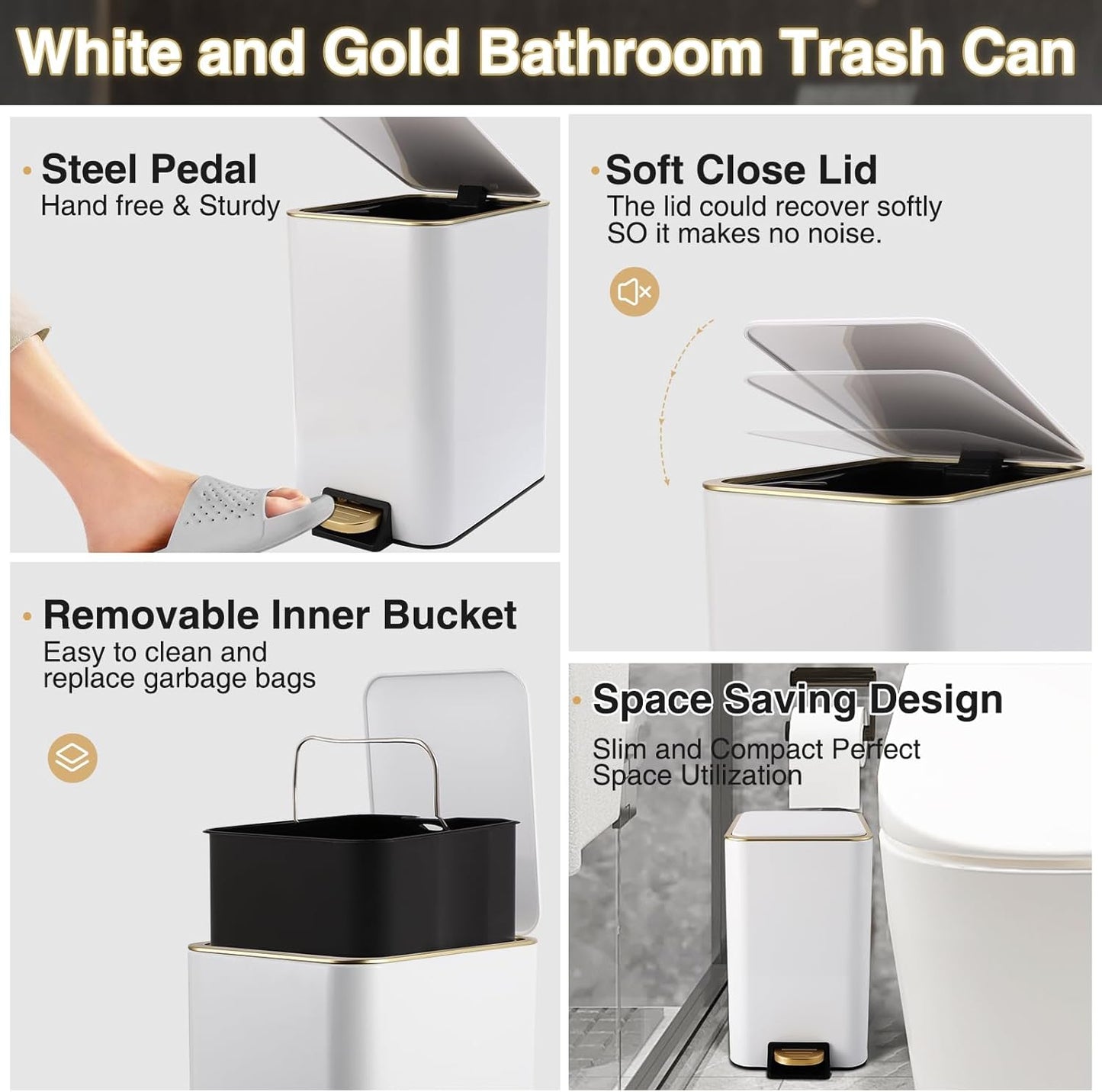 Small Bathroom Trash Can with Lid Soft Close, 1.8 Gallon Stainless Steel Garbage Can with Removable