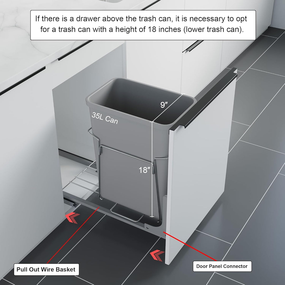 Dowell B15 Aluminum Base Wastebasket Pullout with Door Mount and 35Qt/9Gal Plastic Bin (4012