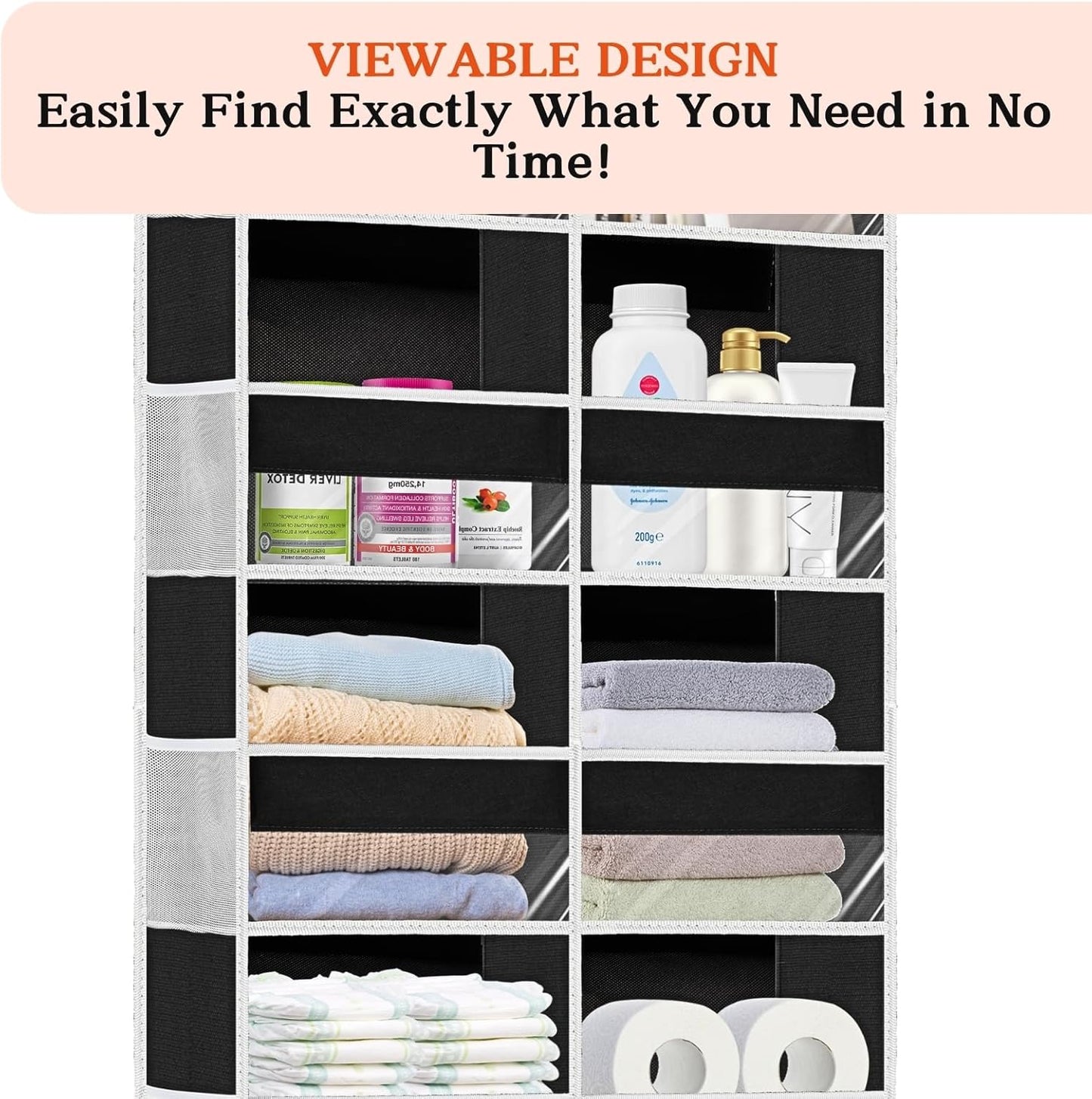 Over The Door Organizer 6 Tiers, Extra Large Behind Door Storage of 12 Compartments, 80 lbs Weight