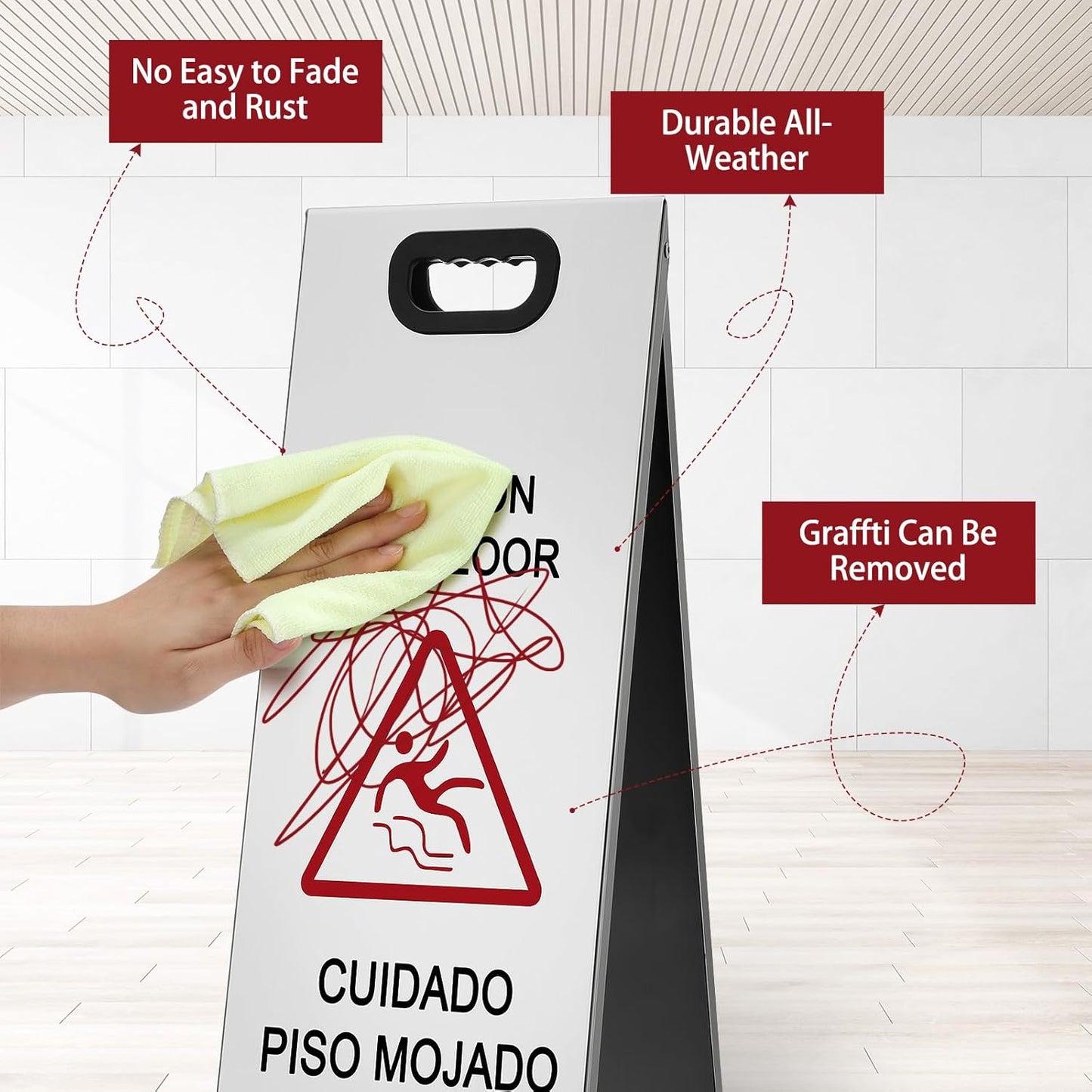 2 Pcs 24 Inch Stainless Steel Wet Floor Sign, Heavy Duty Caution Wet Floor Sign Double Sided