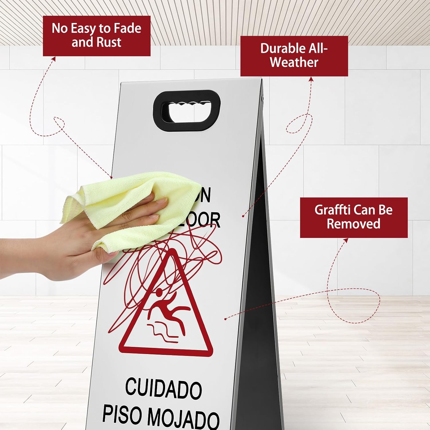 2 Pcs 24 Inch Stainless Steel Wet Floor Sign, Heavy Duty Caution Wet Floor Sign Double Sided