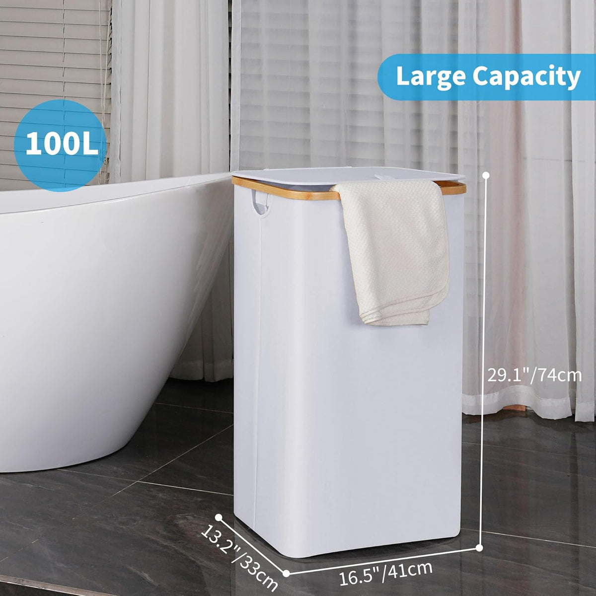 efluky Laundry Hamper with Lid, 100L Tall Laundry Basket with Bamboo Handles for Clothes and Toys