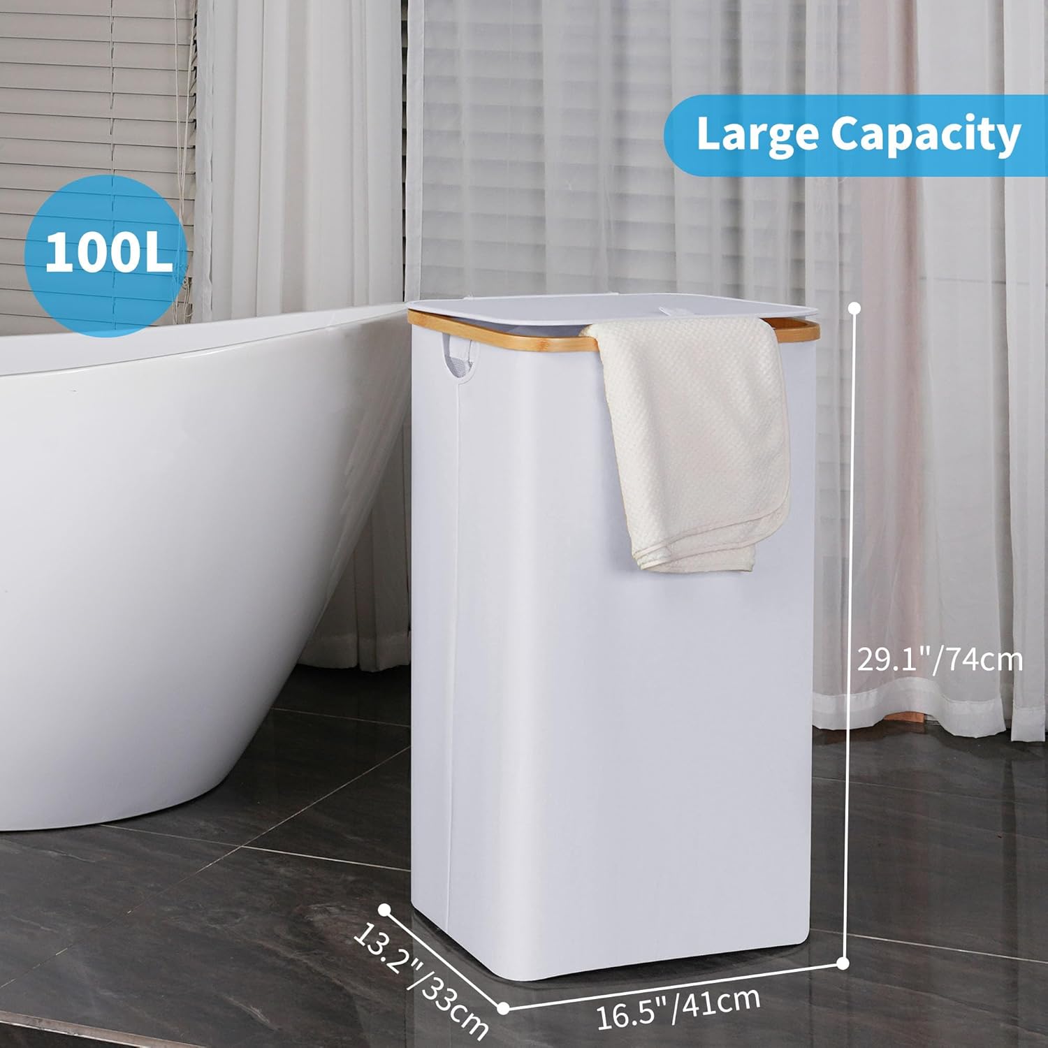 efluky Laundry Hamper with Lid, 100L Tall Laundry Basket with Bamboo Handles for Clothes and Toys