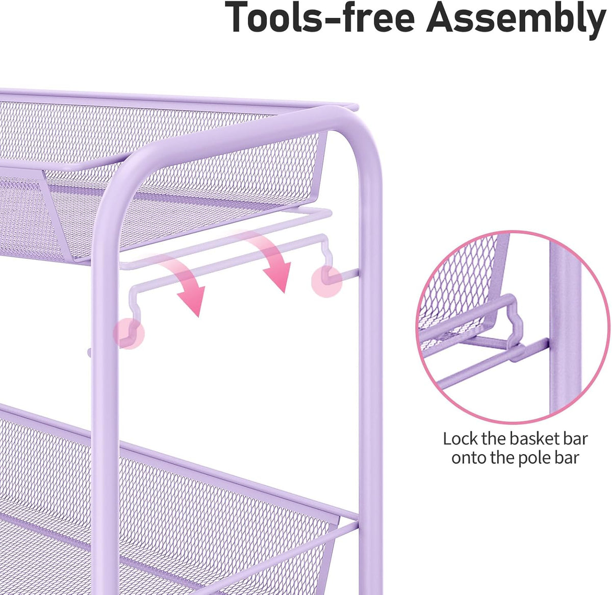 TOOLF 3-Tier Metal Rolling Cart, Mesh Wire Easy Assemble Utility Cart, Storage Trolley on Wheels