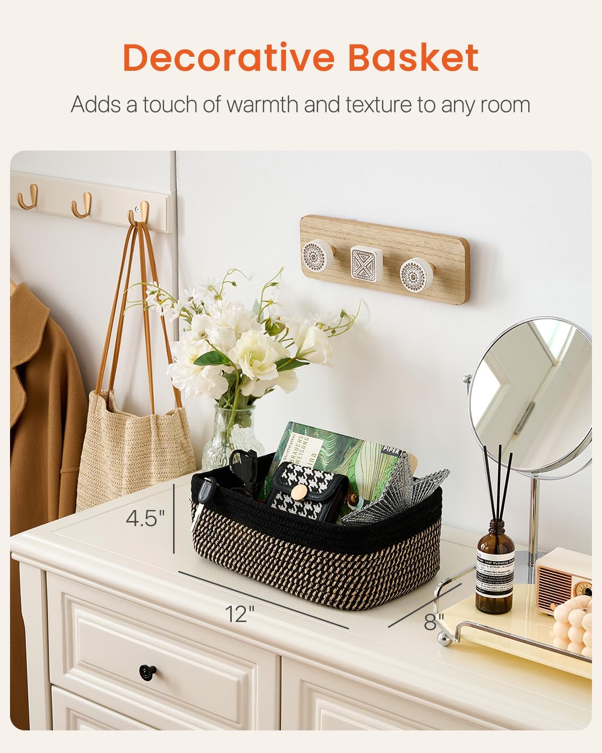Small Woven Basket, 12 x 8 x 4.5 Inches, Storage Basket for Organizing, Cute Small Rope Shelf