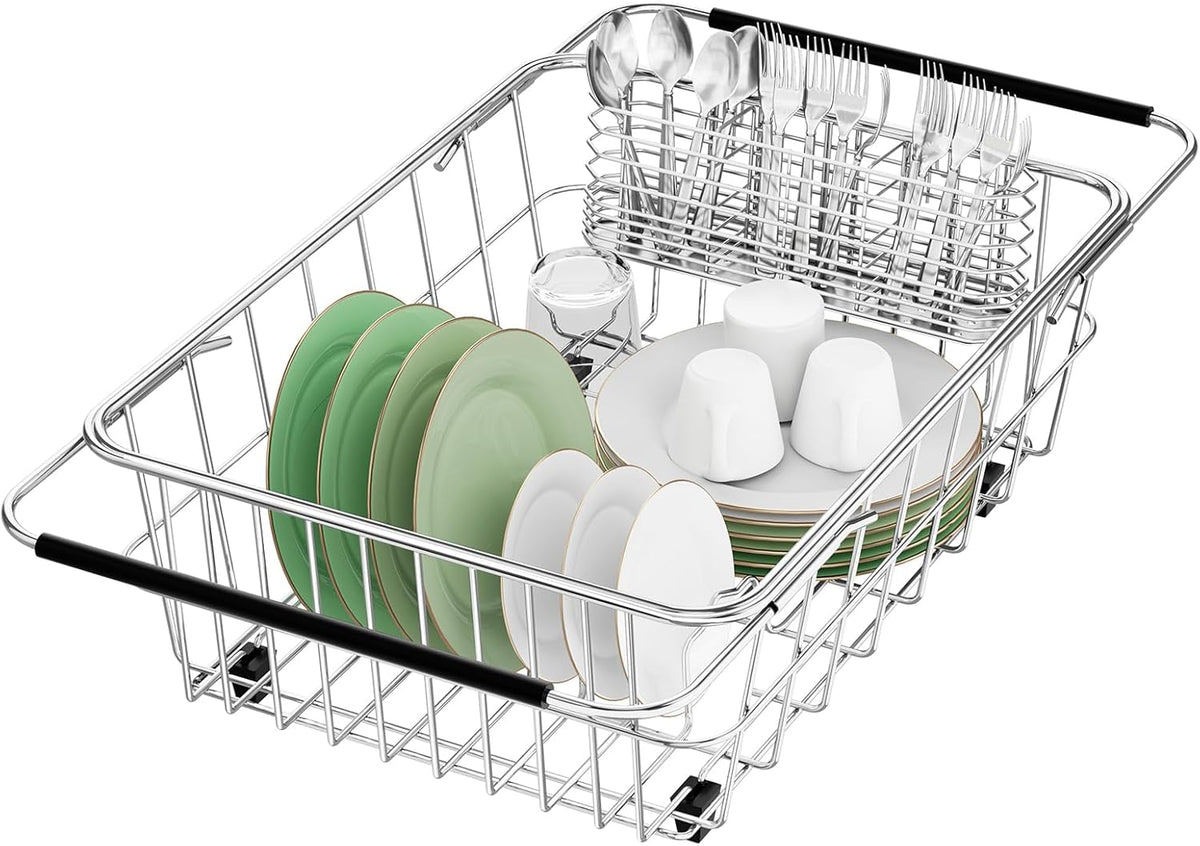 Large Sink Dish Drying Rack, Expandable 304 Stainless Steel Metal Dish Drainer Rack Organizer