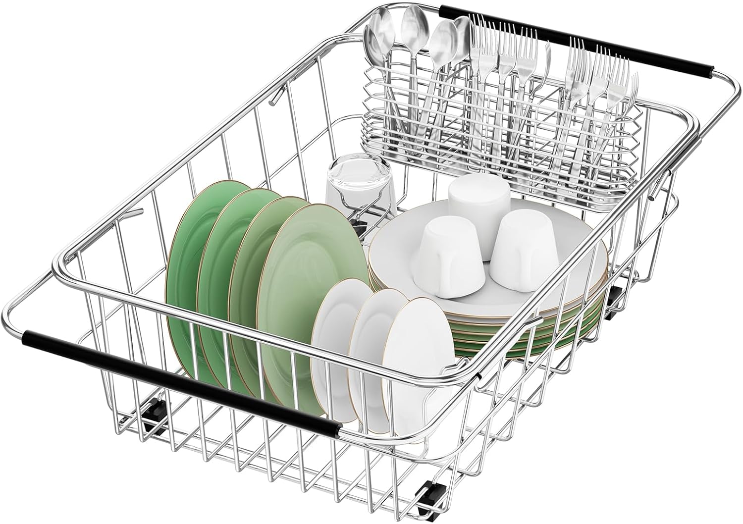 Large Sink Dish Drying Rack, Expandable 304 Stainless Steel Metal Dish Drainer Rack Organizer