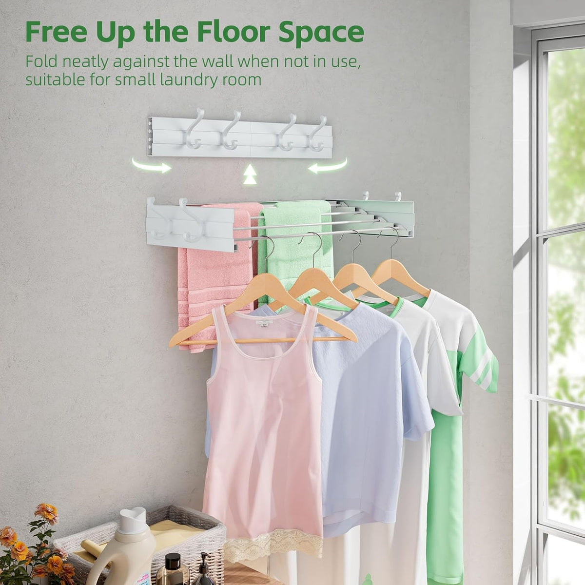 Wall Mounted Clothes Drying Rack for Laundry 23.6", Folding Clothes Drying Rack with 4 Towel Hooks