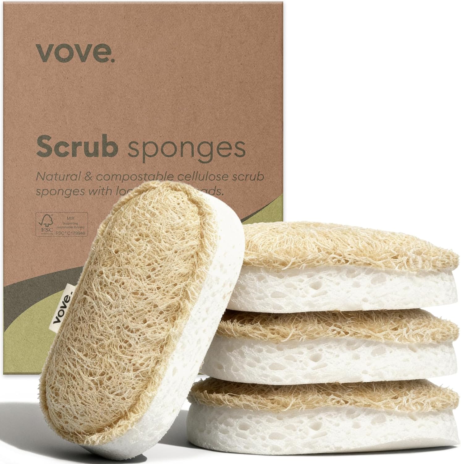 Vove Scrub Sponges 4 Pack, Cellulose & Cotton with Natural Loofah, Eco-Friendly Loofah Dish &
